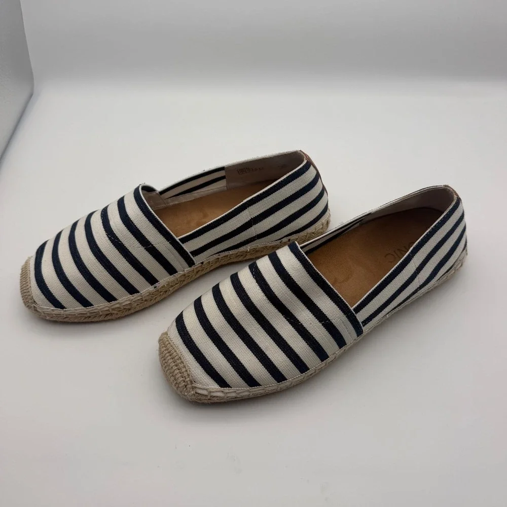 Vionic Valeri Navy White Striped Espadrille Flats Sz 9 Orthotic Comfort Nautical